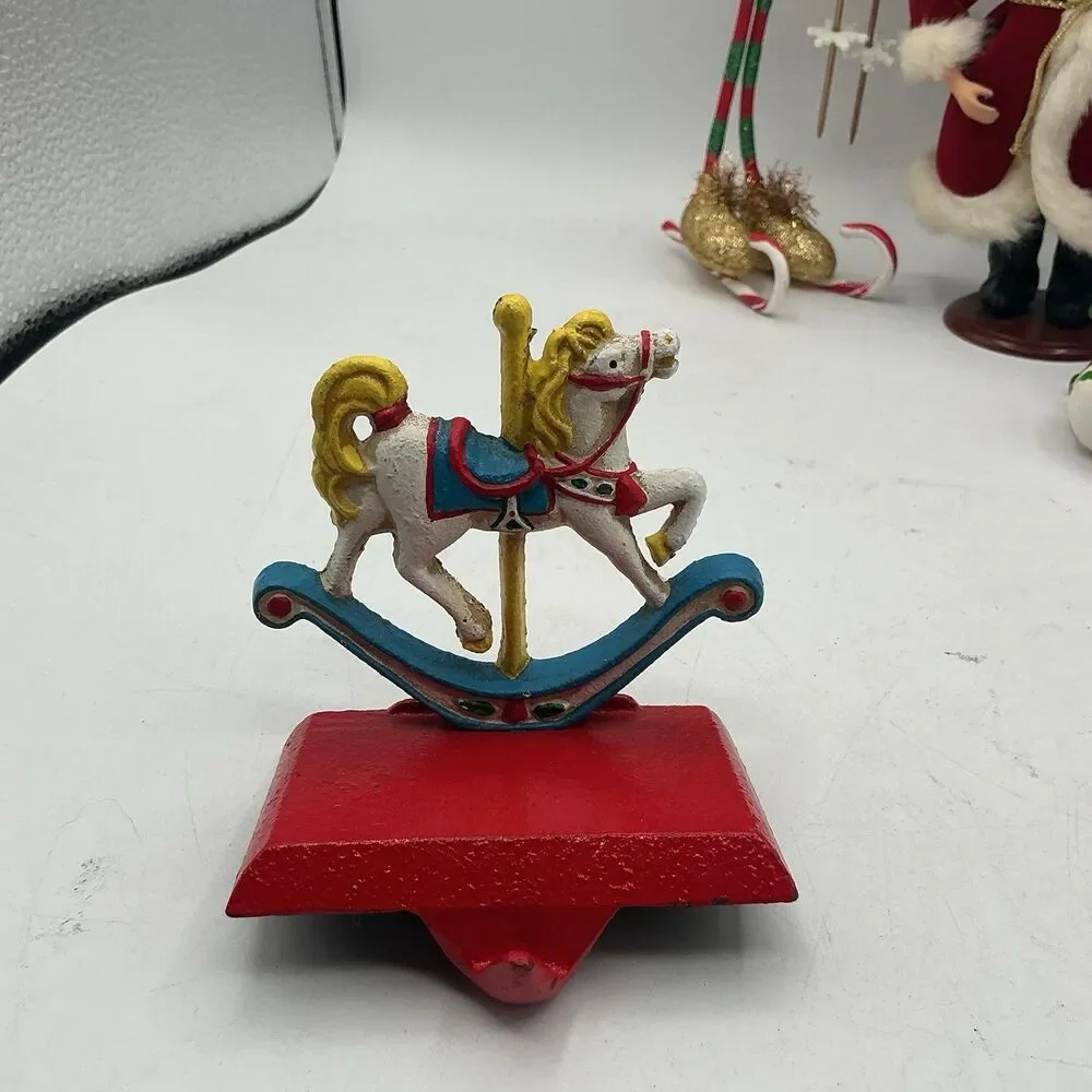 Vintage Cast Iron Rocking Horse Christmas Stocking Holder Red Base 4”